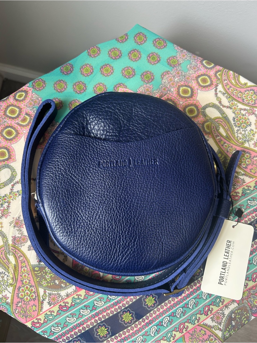 Portland Leather Goods Small Circle Crossbody Bag in Cobalt!